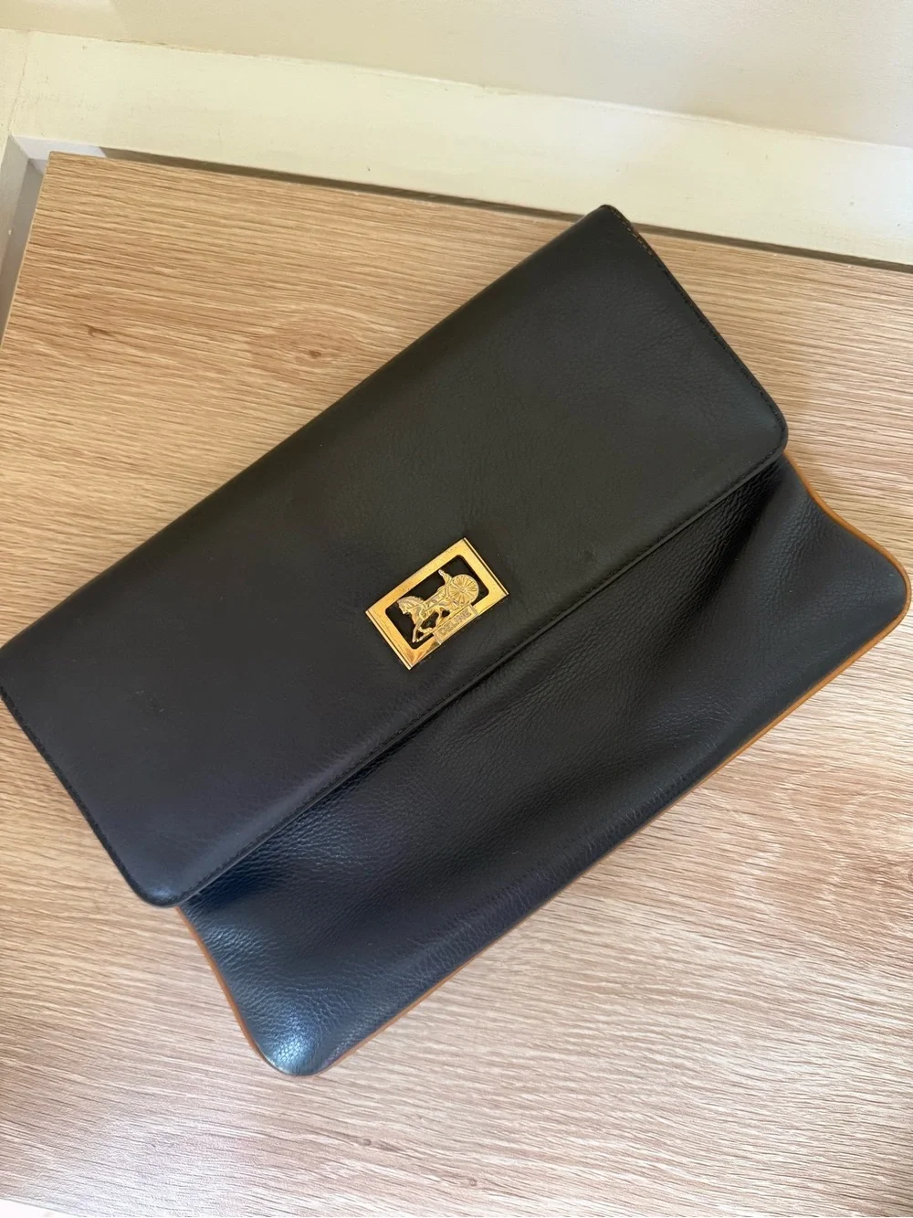Vintage Celine Black Leather Fold-Over Clutch with Gold Hardware